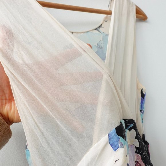 Floral Silk Dress Size Small White Mini Botanical Ruffle Cross Back Sheer Boho - Picture 9 of 16